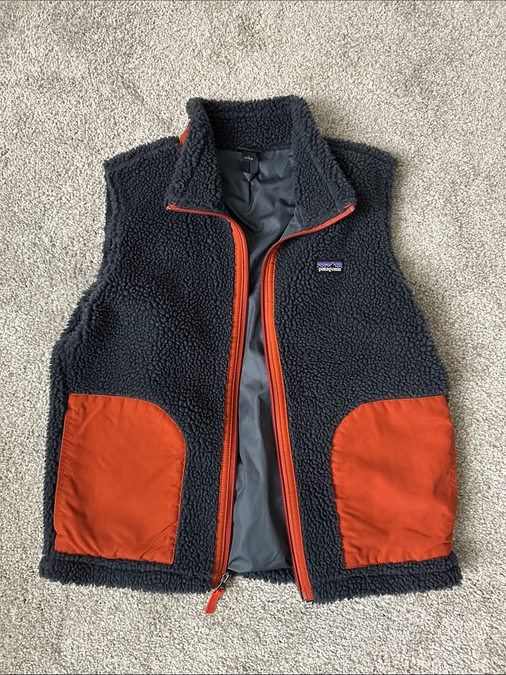 Patagonia Kids Charcoal Sherpa Vest with Orange Trim
